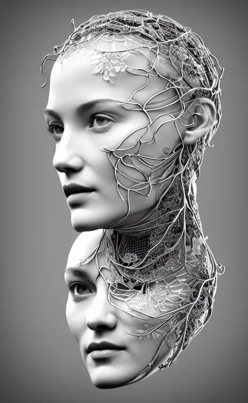 Prompt: complex 3d render ultra detailed of a beautiful porcelain profile woman face, hazel eyes, vegetal dragon cyborg, 150 mm, beautiful natural soft light, rim light, silver black details, magnolia big yellow infrared leaves and stems, roots, fine lace, maze like, mandelbot fractal, anatomical, facial muscles, cable wires, microchip, elegant, white metallic armor, octane render, black and white, H.R. Giger style