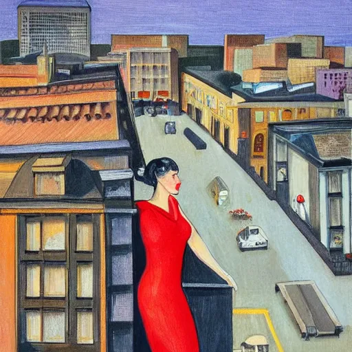 Prompt: woman, city, looking down, street top view, by olivia berardinis, enoch bolles,