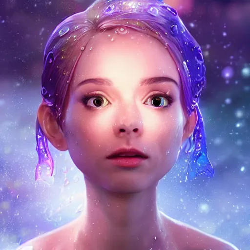 Prompt: magical fairy floating in space, epic cartoon portrait made out of rain, beautiful face, stunning concept art, highly detailed, galaxy background, rendered in octane, unreal engine, trending on artstation, realistic