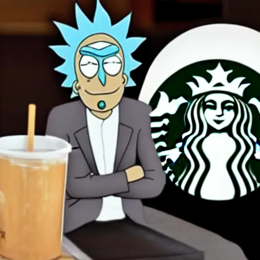 Image similar to Rick Sanchez at starbucks in the style of rick and morty