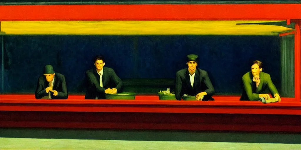 Image similar to jim carrey in the painting nighthawks by edward hopper with