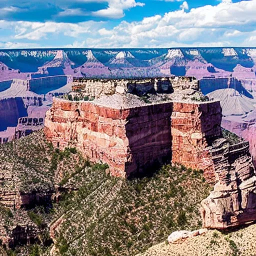 Prompt: photograph of a giant tall stone castle in the Grand Canyon