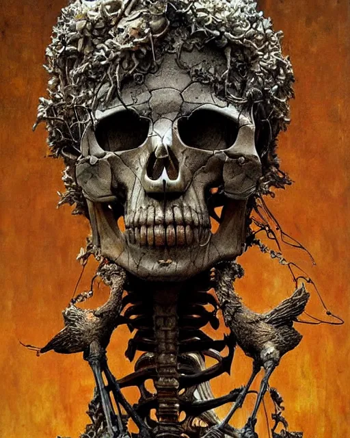 Image similar to realistic detailed statue of sacred bird skeleton, cracked stained skull full of marks, made by Karol Bak and Bernini. Rich colors. Beksinski and painting. Masterpiece