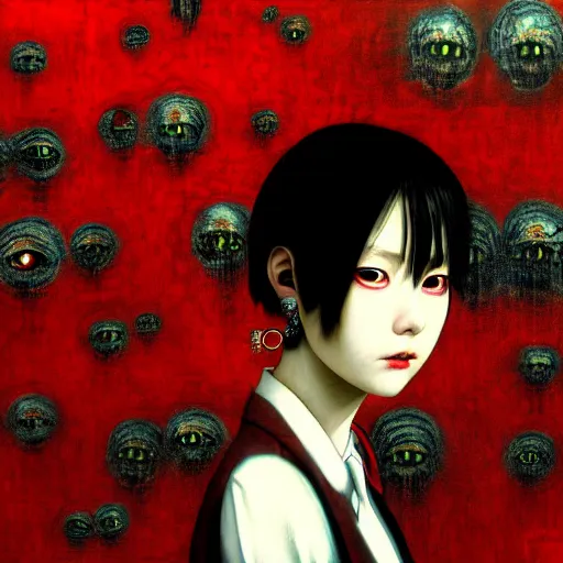 Image similar to yoshitaka amano blurred and dreamy realistic three quarter angle horror portrait of a sinister young woman with short hair, big earrings and red eyes wearing office suit with tie, junji ito abstract patterns in the background, satoshi kon anime, noisy film grain effect, highly detailed, renaissance oil painting, weird portrait angle, blurred lost edges