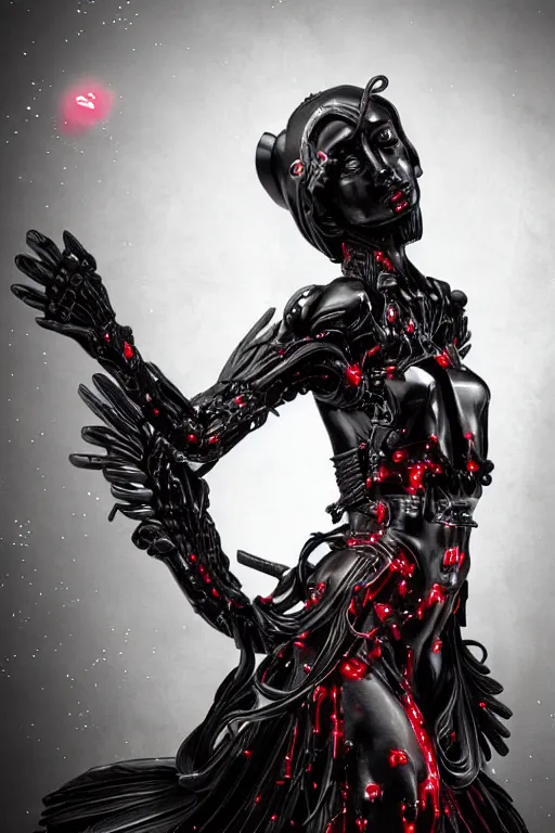 Image similar to full-body cyberpunk style sculpture of a young beautiful dark priestess, half android with a head opening exposing circuitry, glowing red eyes, black roses, flowing blood-red colored silk fabric, candles. baroque elements, human skull. full-length view. baroque element. intricate artwork by caravaggio. crows flying in background. Trending on artstation, octane render, cinematic lighting from the right, hyper realism, octane render, 8k, depth of field, 3D