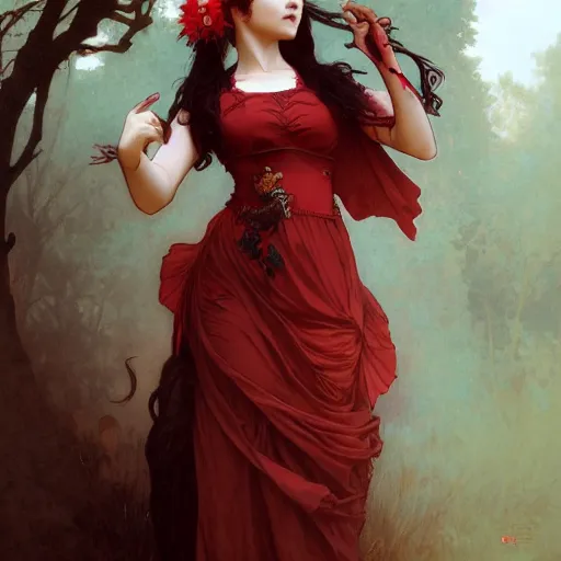 Image similar to goth girl wearing dress covered in red paint, intricate, art by artgerm and greg rutkowski and alphonse mucha and william - adolphe bouguereau, high detailed, 4 k,