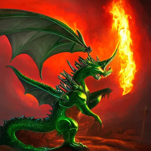 Green Dragon in the cave, the lord of dragons, has good platinum scales,  bright eyes, and is surrounded by dazzling gold and green lights.  generative ai Stock Illustration