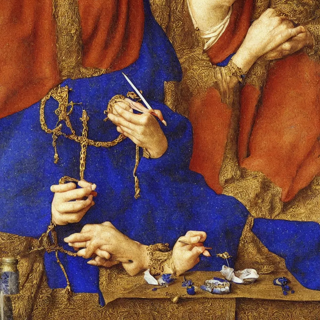 Image similar to close up of the artist hands painting a miniature, lapis - lazuli. painting by jan van eyck