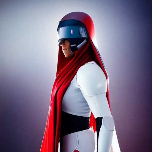 Image similar to portrait of a athletic female soldier in glossy sleek white armor with tiny red details and a long red cape, heroic posture, on the surface of mars, night time, dramatic lighting, cinematic, sci-fi, hyperrealistic