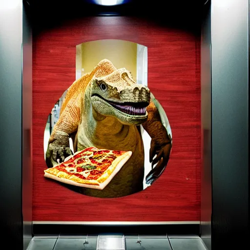 Prompt: a dinosaur with a pizza in an elevator, security camera photo, realistic, hdr