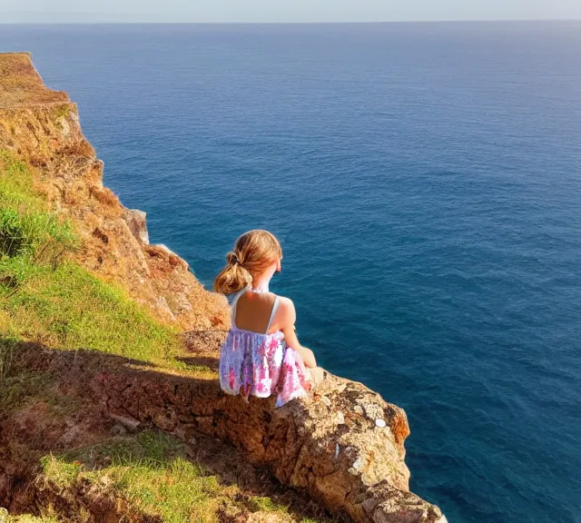 Image similar to a 4 k photorealistic photo of a girl sitting on a cliff overlooking a beach