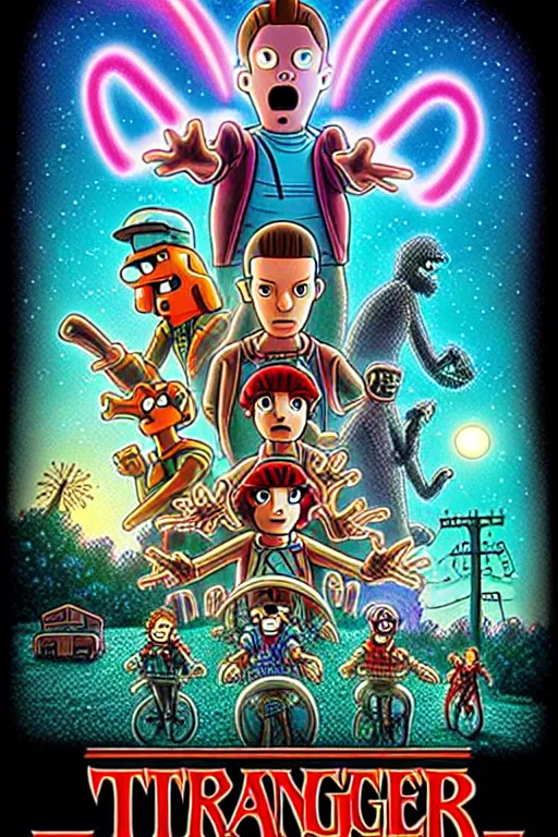 Prompt: animated version of Futurama Stranger Things poster by Matt Groening, cartoon, detailed faces, high resolution, hyper detailed, intricate, illustrated, dramatic lighting !n-9