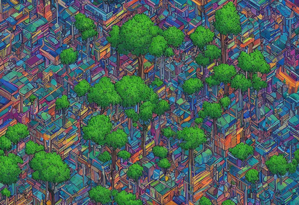 Image similar to biopunk city with a very high tree with leaves that has people connected to it by Dan Mumford, Trending on artstation, 4k