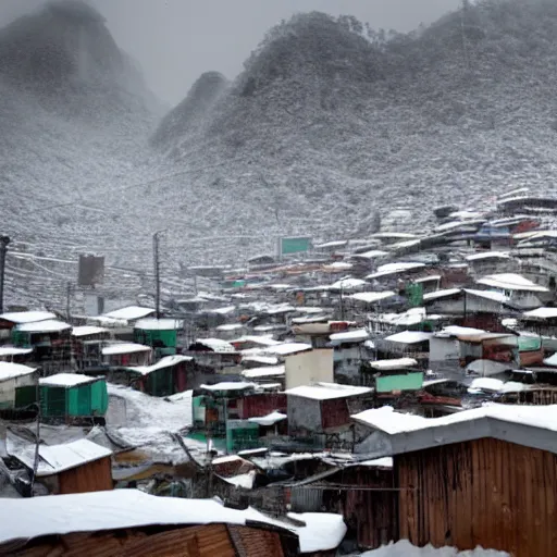 Prompt: a snow day in a brazil favela