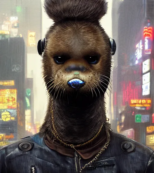 Image similar to new york city portrait of furry anthro anthropomorphic river otter head animal person fursona wearing clothes strange cybernetic muzzle gloomy rainy screenshot from the video game cyberpunk 2077 digital art by Greg Rutkowski, Simon Stalenhag, christopher nolan trending on Artstation, CGSociety