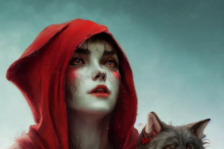 Prompt: red riding hood, wolf, close up, sunlit, paint texture, digital painting, highly detailed, artstation, sharp focus, illustration, concept art, ruan jia, charlie bowater, tom bagshaw, norman rockwell