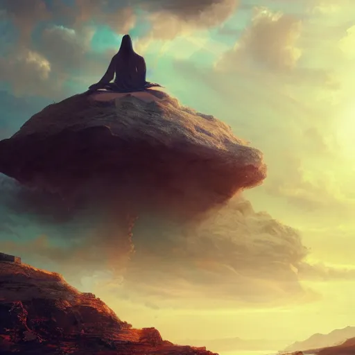 Image similar to concept art trending on art station detailed matte painting of a giant being meditation in the sky, dramatic, 8k, digital art