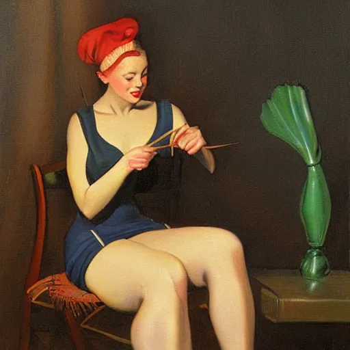 Prompt: A very beautiful painting of a leek sitting on the chair by Enoch Bolles and Gil Elvgren