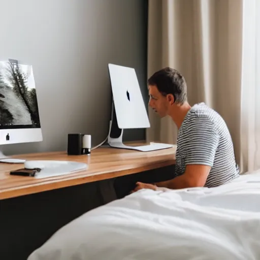 Prompt: a man, alone in his bedroom, staring at his imac