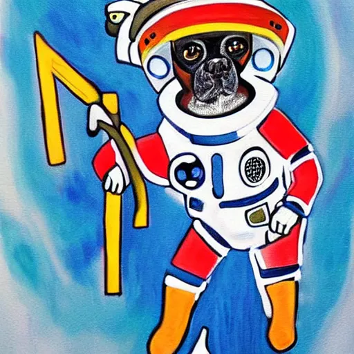 Image similar to a beautiful painting, dog in a space suite, by vladimir mayakovsky, long shot