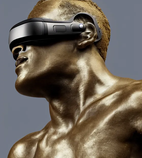 Prompt: a 4 k photorealistic photo medium shot of a bronze statue of a man wearing a vr headset, amazed.