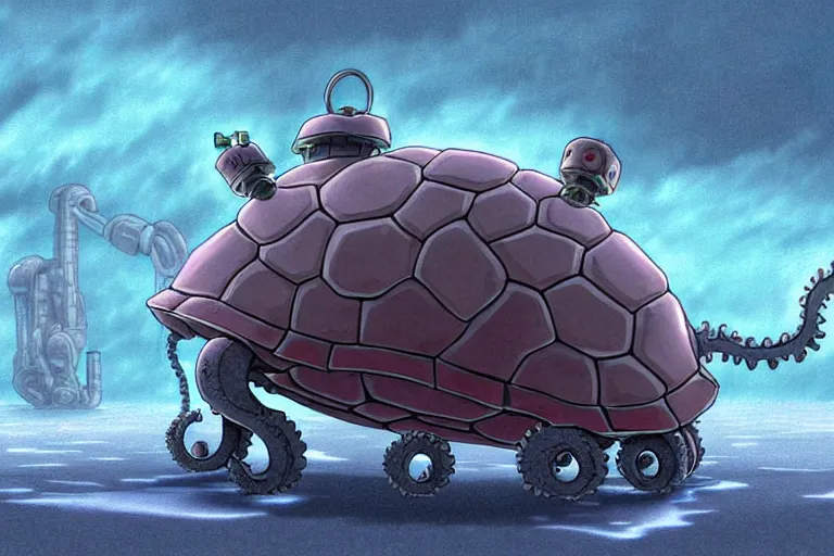 Prompt: cell shaded cartoon of a giant lovecraftian mechanized turtle from howl's moving castle ( 2 0 0 4 ), on an icy road in the mist, full body, wide shot, very muted colors, post grunge, studio ghibli, highly detailed, deviantart, art by artgem