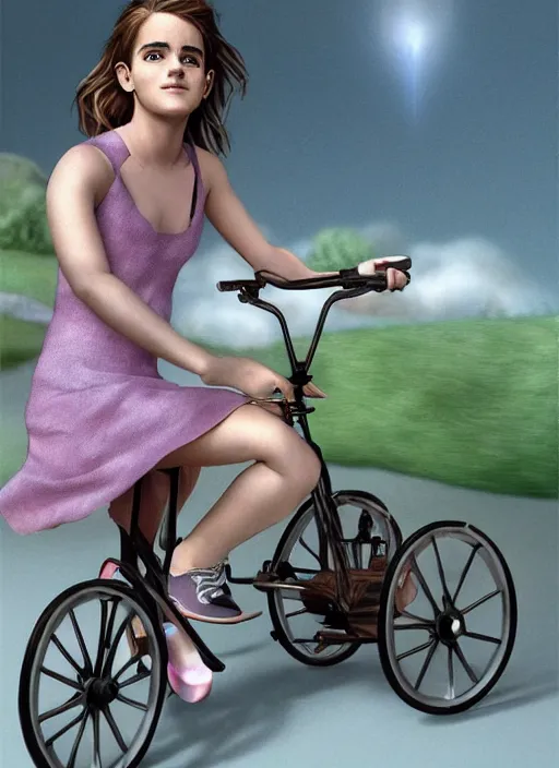 Image similar to hyperrealism emma watson riding a tricycle, light effect, hyper detailed, claymation, cartoon, detailed, realistic materials, sharp focus