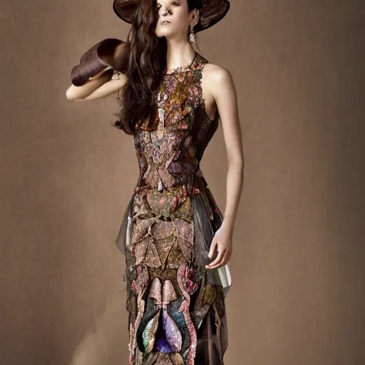 Prompt: exclusive evening dress made of bronze transparent fabric fantasy with colored flower petals made of fabric. intricate asymmetrical patterns. an elegant hat. hyperrealistic photos, clear details.