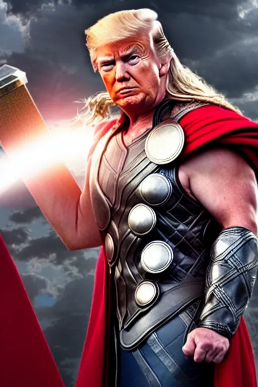 Image similar to donald trump as thor, wielding hammer, ready for battle, movie still