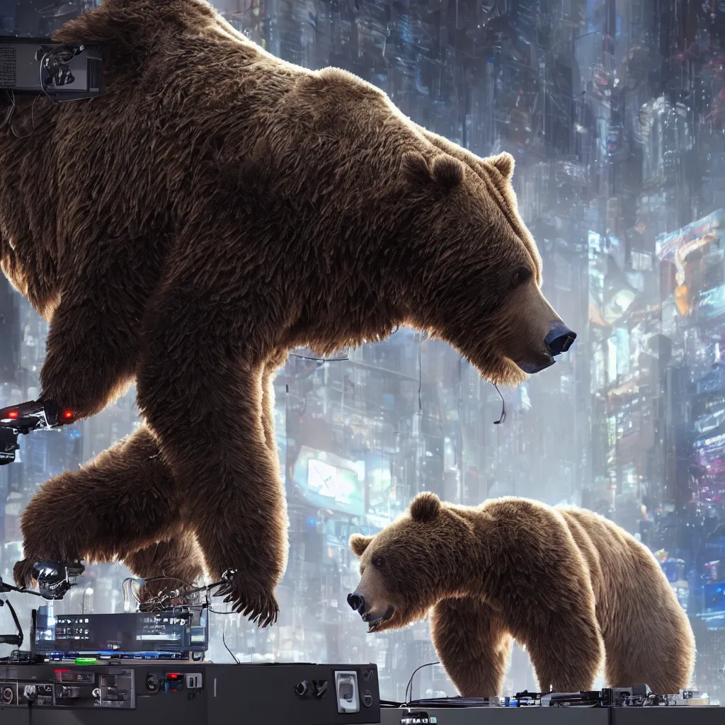 Image similar to a cyborg grizzly bear dj mixing records on stage, photorealistic, highly detailed, illustration, lifelike, highly detailed, intricate, octane render, sharp focus, cyberpunk