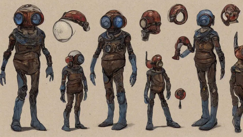 Prompt: aged paper, concept art, colorful character sheet for a male extraterrestrial cyborg warlord wearing victorian diving helmet, retrofuture, fantastic planet, moebius, valerian, coherent, illustration, digital art, trending on artstation, hd, 8 k, good lighting, beautiful, rough paper, masterpiece