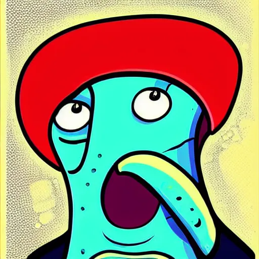 Prompt: handsome squidward portrait, realistic, pop art, vivid colors