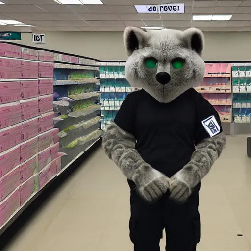 Prompt: a furry standing in office max with the lights off, security cam footage