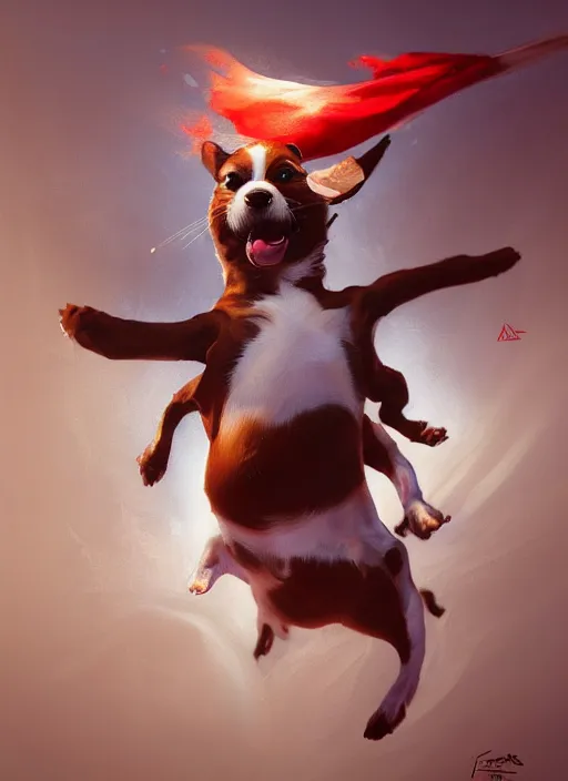 Image similar to adorable jack russel terrier jumping over a red exercise ball, fantasy art, artstation character design contest winner, trending on cgsociety, concept art, speedpaint, beautiful digital art, jesper ejsing, james jean, justin gerard, fenghua zhong, makoto shinkai, highly detailed