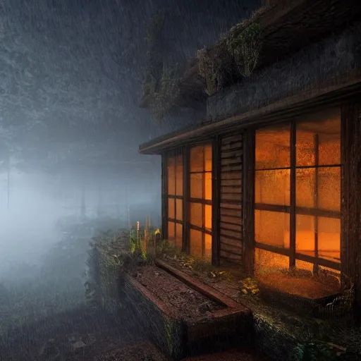 Image similar to unique house design, concept art, video game, award winning, strange, unusual, organic, earthen, vivid, lighting, volumetric, misty, rain, windows