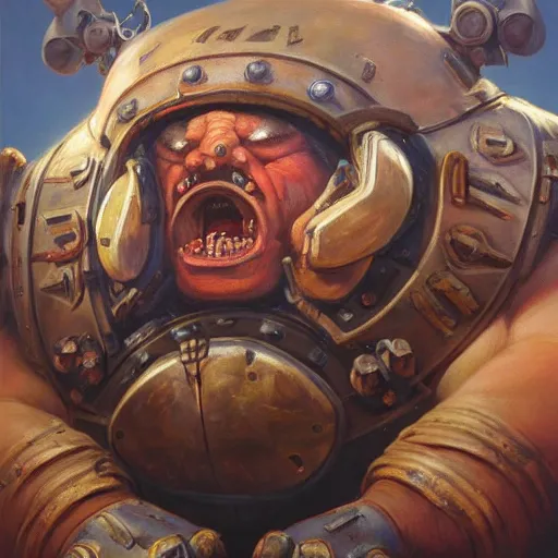 Image similar to detailed portrait of roadhog from overwatch, intricate, hyper detailed, realistic, oil painting, by julie bell, frank frazetta, cinematic lighting