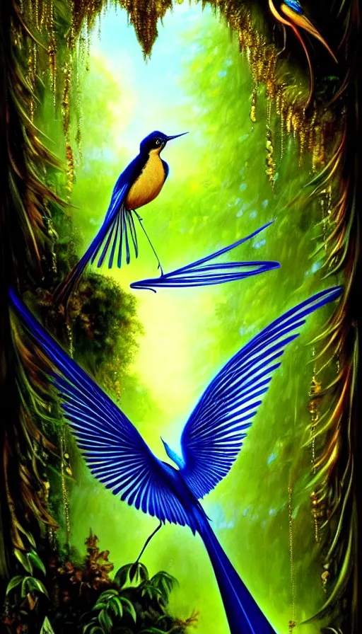 Image similar to paradise flycatcher, lush forest, gold, gems, dramatic lighting, waterfall, denoised, gothic architecture, baroque, painted by the best artists of artstation, best art in the world