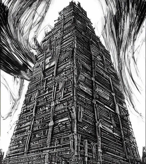 Image similar to tarkovsky, majestic ancient tower of babylon of terror, a woman in cyber clothing, hyperrealistic, blame manga, full color, manga style, by tsutomu nihei, cyber architecture, intricate, illustration, concept art, hyper - detailed, smooth, masterpiece, epic, cinematic, high quality