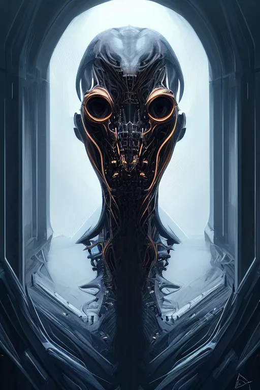Image similar to professional concept art symmetric portrait of a terrifying! mechanical!! predatory fractal! species in a dark room by artgerm and greg rutkowski. an intricate, elegant, highly detailed digital painting, concept art, smooth, sharp focus, illustration, in the style of cam sykes.