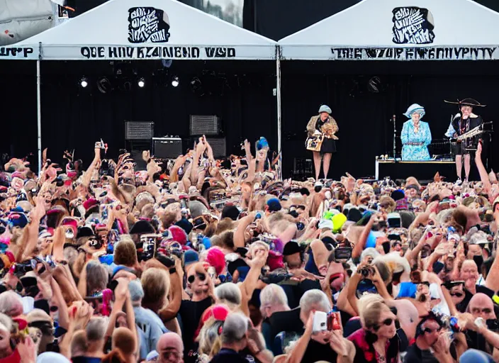 Image similar to photo still of queen elizabeth on stage at vans warped tour!!!!!!!! at age 7 0 years old 7 0 years of age!!!!!!! in the mosh pit, 8 k, 8 5 mm f 1. 8, studio lighting, rim light, right side key light