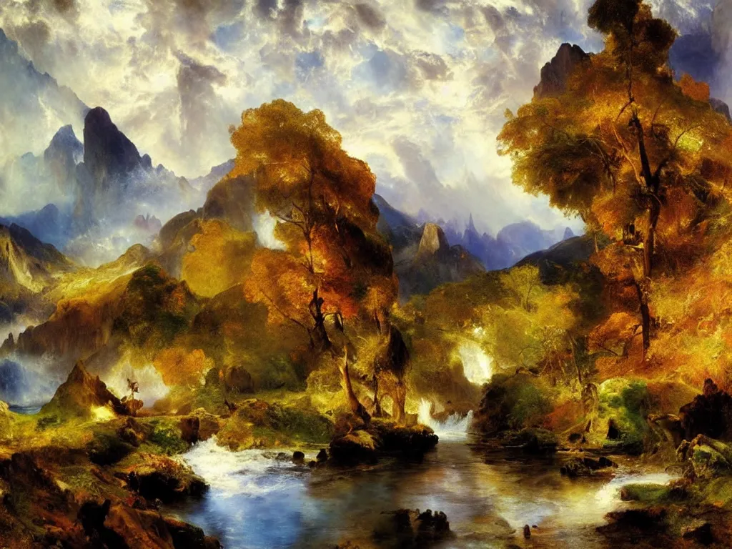 Image similar to a beautiful landscape painting by thomas moran, trending on arstation