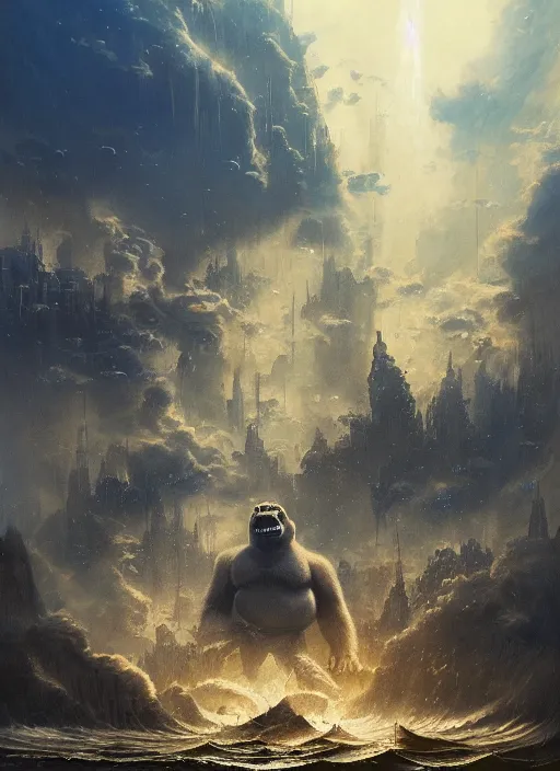 Prompt: kingkong destroying the city of atlantic underwater, a ray of sunlight, greg rutkowski, moebius, mohrbacher, frazetta, roy krenkel, boris vallejo, and manuel sanjulianblue, gold color scheme, ultra - wide angle, ultra - detailed, light effect, mystical, cinematic