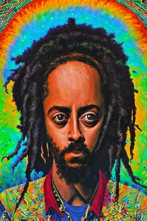 Image similar to a high hyper detailed painting with many complex textures of damian marley making music in the cosmos, cosmic surreal psychedelic magic realism spiritual ufo art