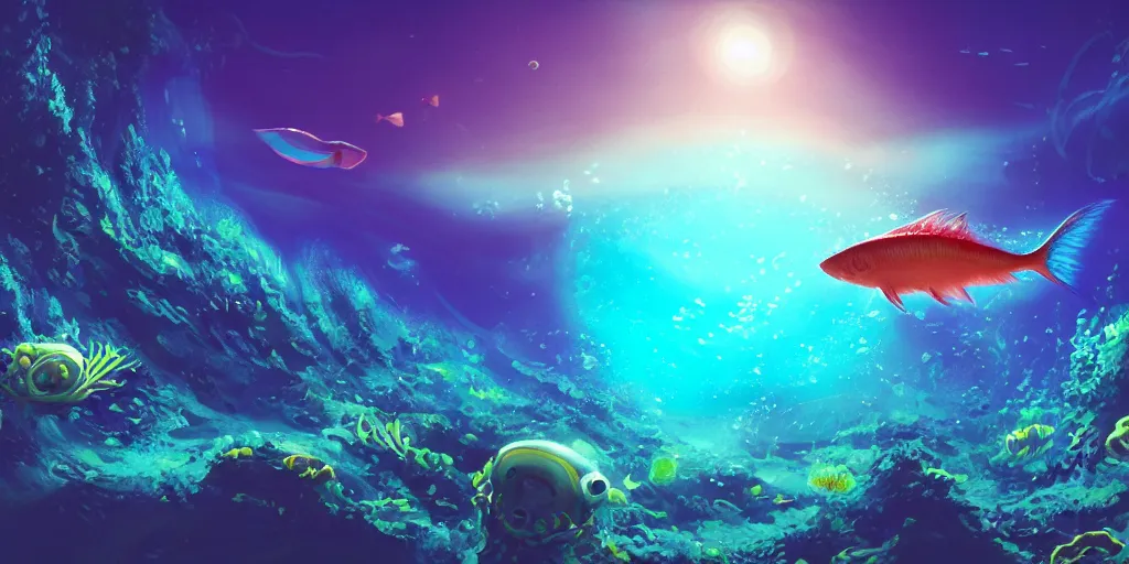 Image similar to photo of an extremely cute alien fish swimming an alien habitable underwater planet, coral reefs, dream-like atmosphere, water, plants, peaceful, serenity, calm ocean, tansparent water, reefs, fish, coral, inner peace, awareness, silence, nature, evolution, wide angle, super highly detailed, professional digital painting, artstation, concept art, smooth, sharp focus, no blur, no dof, extreme illustration, Unreal Engine 5, Photorealism, HD quality, 8k resolution, cinema 4d, 3D, beautiful, cinematic, art by artgerm and greg rutkowski and alphonse mucha and loish and WLOP