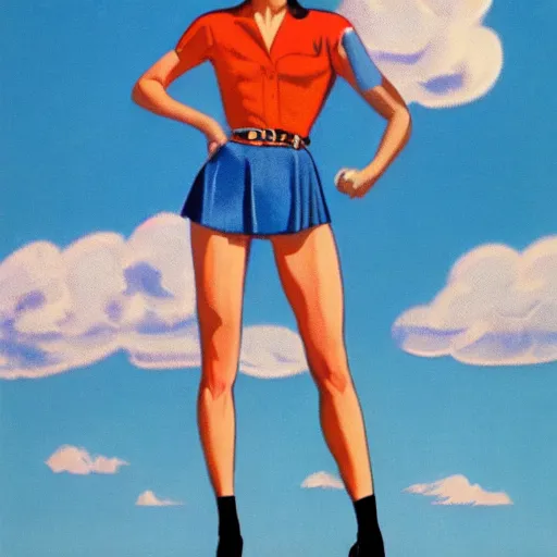 Prompt: full body portrait of gal gadot in the style of bill medcalf, blue sky with a few clouds, retro, 1 9 5 0, 4 k, detailed