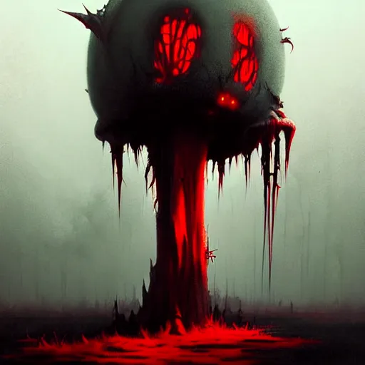 Image similar to disturbing grunge image of a demon infested fungus, 2 meters tall. horror airbrush art, by atey ghailan, by greg rutkowski, by greg tocchini, by tom bagshawred, white, red, black, crimson and grey color scheme