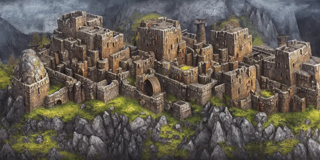 Prompt: aerial view of a dwarven fortress at the edge of a mountain range, as a matte oil painting, photorealistic, landscape, medieval fantasy, epic, smelters, forges, waterwheels, chiseled architecture, ornate, intricate, trading depots, extremely detailed, sharp focus