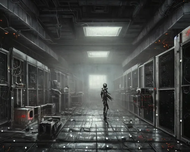 Image similar to gloomy ruined server room in datacenter robot figure automata rusty steel robot knight colossus welder pacing fixing soldering mono sharp focus, emitting diodes, smoke, artillery, sparks, racks, system unit, motherboard, by pascal blanche rutkowski repin artstation hyperrealism painting concept art of detailed character design matte painting, 4 k resolution blade runner