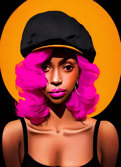 Image similar to portrait of teenage vanessa morgan with bright pink hair, black girl, vanessa morgan, curly pixie cut hair, wearing newsboy cap, newsboy cap, hoop earrings, intricate, elegant, glowing lights, highly detailed, digital painting, artstation, concept art, smooth, sharp focus, illustration, art by wlop, mars ravelo and greg rutkowski