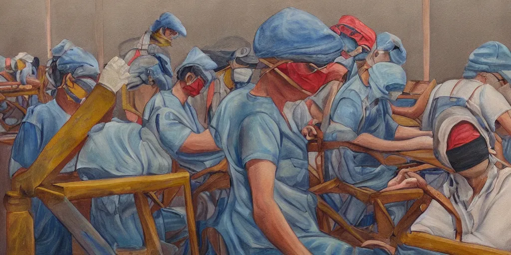 Image similar to detailed painting of blindfolded factory workers